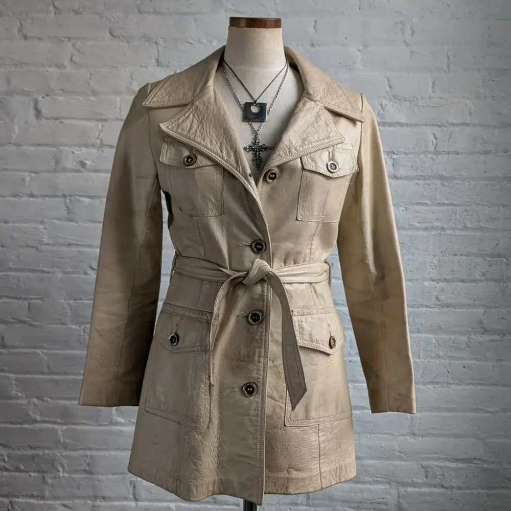 70s Vintage White Genuine Leather Trench Coat Minimalist Boho Moto Biker Jacket - Picture 6 of 8